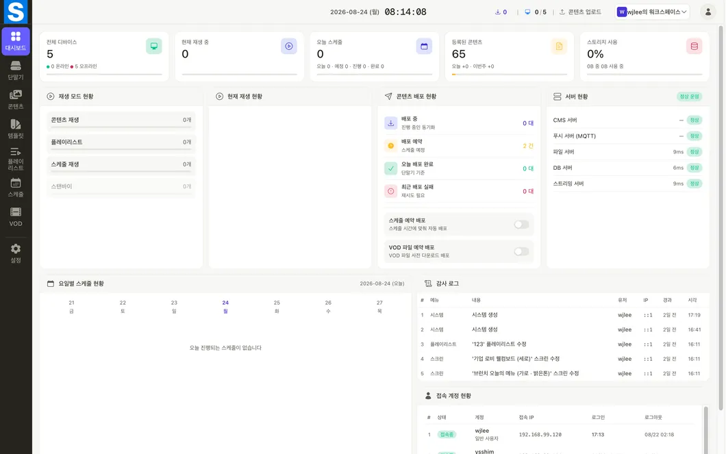 사인에어 클라우드 대시보드 — 디바이스 현황, 배포 현황, 서버 상태, 스케줄